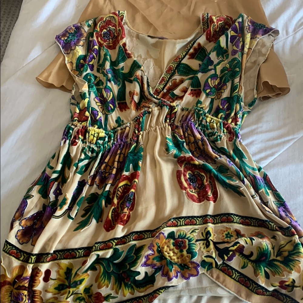 Hale Bob Cream and Green Ruched Asymmetrical Blouse